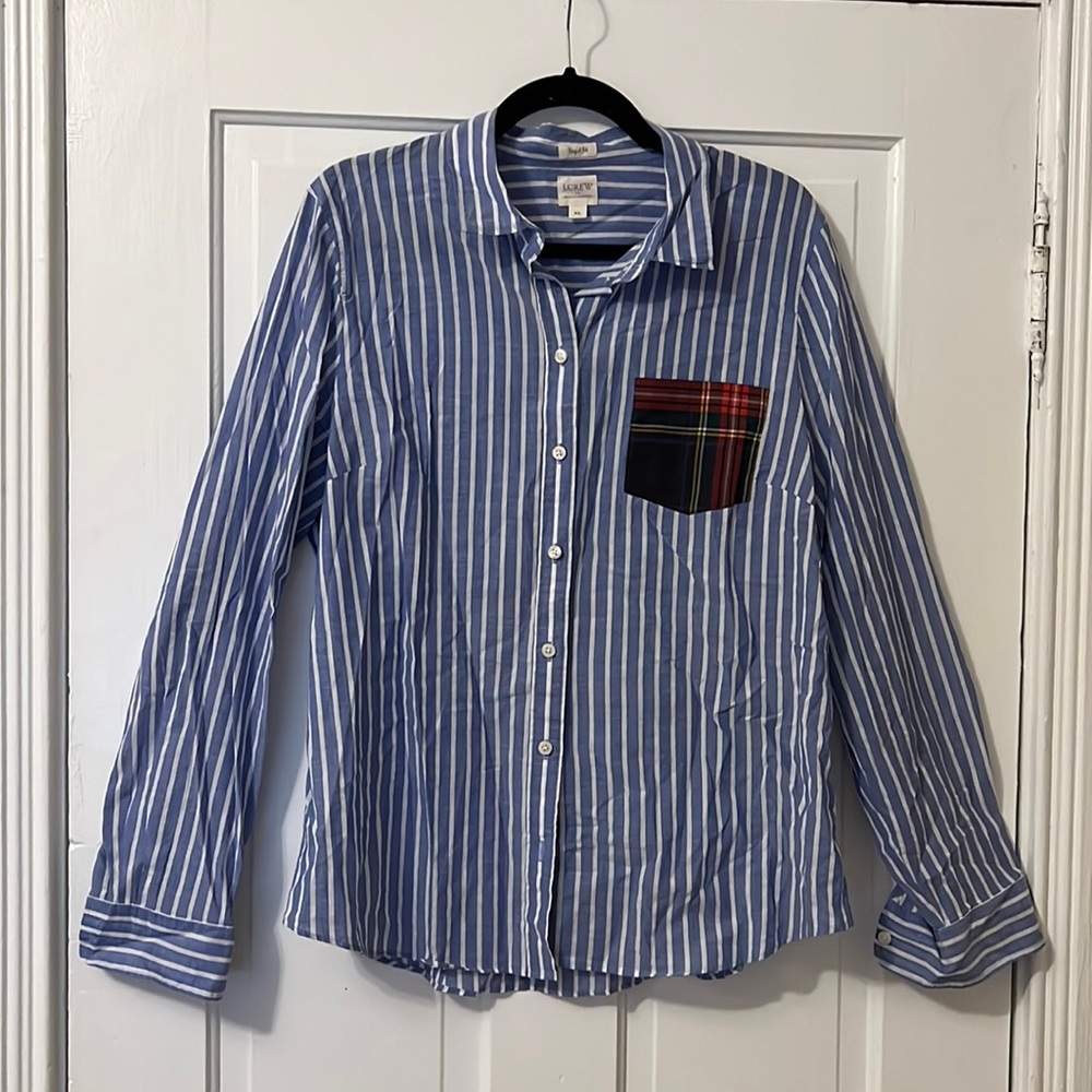 J.Crew Factory Blue & White Stripes Button Down with Patchwork Pocket